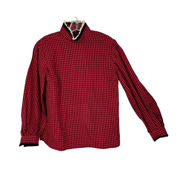 Vintage High Collar Taffeta Gingham Blouse Coquette Prairie Edwardian Medium - Picture 13 of 14